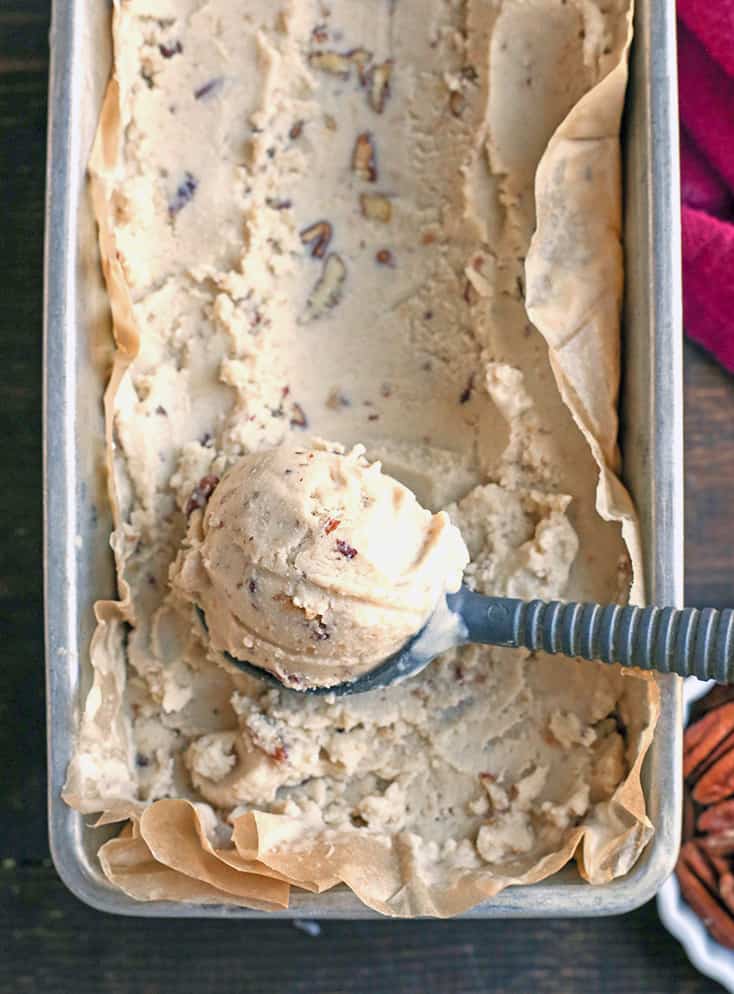 This Paleo Butter Pecan Ice Cream is rich, sweet and packed with buttery pecans. The perfect summer treat! Dairy free, gluten free, and naturally sweetened.