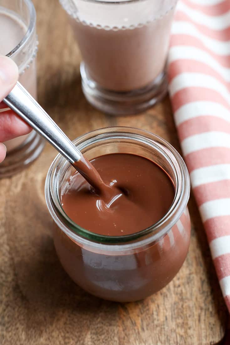 This Paleo Chocolate Milk Syrup is simple to make and so delicious. Mix with your favorite nut milk or coconut milk for a sweet treat. Dairy free, low FODMAP, vegan, and naturally sweetened.