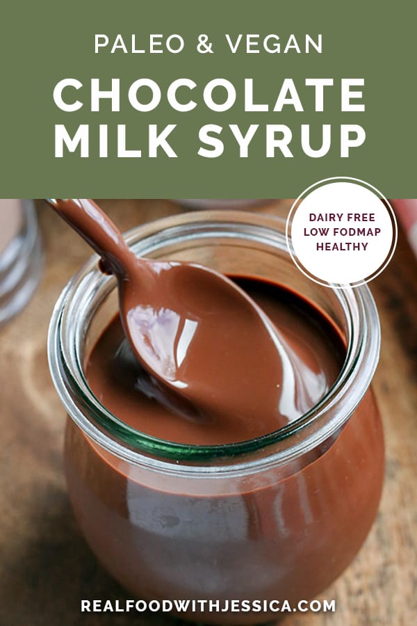 This Paleo Chocolate Milk Syrup is simple to make and so delicious. Mix with your favorite nut milk or coconut milk for a sweet treat. Dairy free, low FODMAP, vegan, and naturally sweetened.