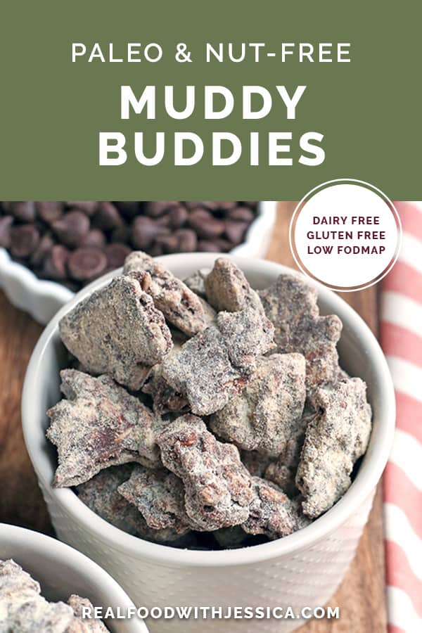 These Paleo Nut-Free Muddy Buddies (also known as Puppy Chow) are easy to make and so delicious. A chocolate and SunButter mixture poured over sunflower seeds and dusted with maple sugar. They are gluten free, dairy free, vegan, and naturally sweetened.