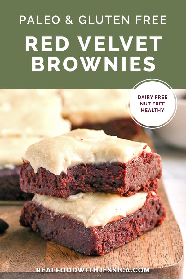 These Paleo Red Velvet Brownies are rich and have a sweet dairy free cheesecake topping. They are so delicious and gluten free, dairy free, naturally sweetened with a nut free option.