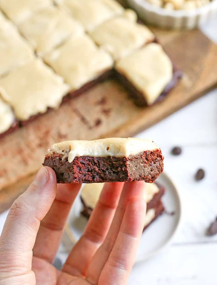 These Paleo Red Velvet Brownies are rich and have a sweet dairy free cheesecake topping. They are so delicious and gluten free, dairy free, naturally sweetened with a nut free option.