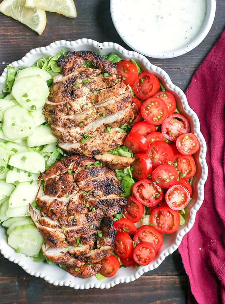 This Paleo Whole30 Chicken Shawarma Salad is healthy and so delicious! A simple marinade infuses the chicken with wonderful flavors and is grilled to perfection. Gluten free, dairy free, low carb, and low FODMAP. 