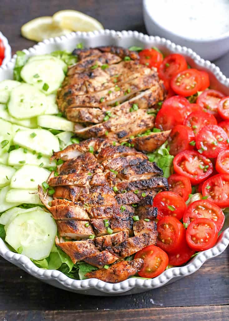 This Paleo Whole30 Chicken Shawarma Salad is healthy and so delicious! A simple marinade infuses the chicken with wonderful flavors and is grilled to perfection. Gluten free, dairy free, low carb, and low FODMAP. 