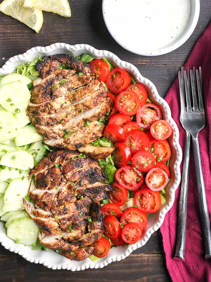 This Paleo Whole30 Chicken Shawarma Salad is healthy and so delicious! A simple marinade infuses the chicken with wonderful flavors and is grilled to perfection. Gluten free, dairy free, low carb, and low FODMAP. 