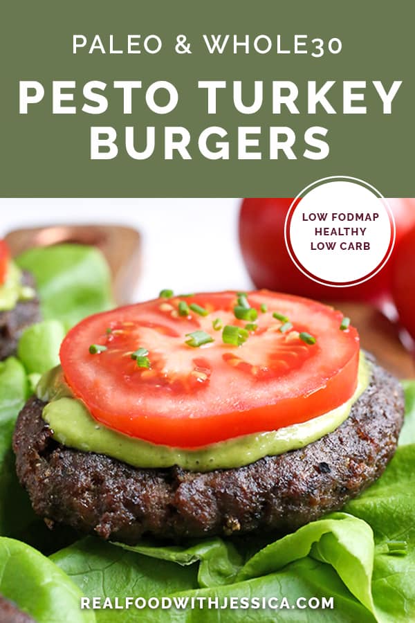 These Paleo Whole30 Pesto Turkey Burgers are easy to make and so delicious! A simple pesto gets mixed with the meat and they are grilled to perfection. Gluten free, dairy free, low carb and low FODMAP.