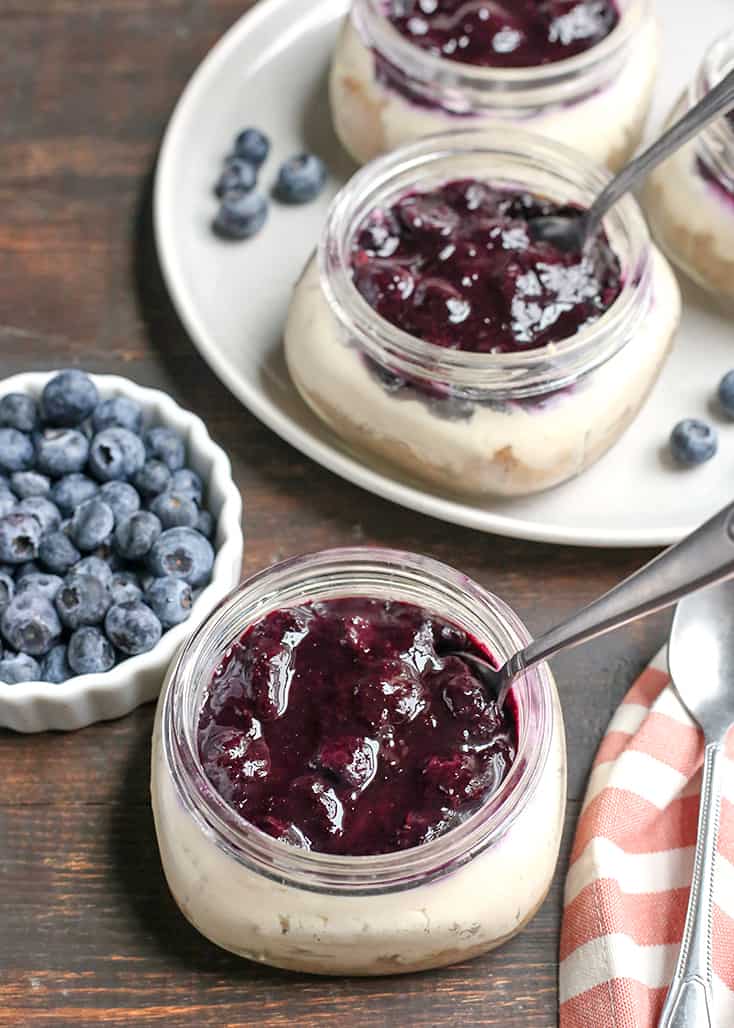 These Paleo Blueberry Cheesecake Jars are the perfect individual dessert. No-bake, easy to make and so delicious. Vegan, dairy free, and naturally sweetened.