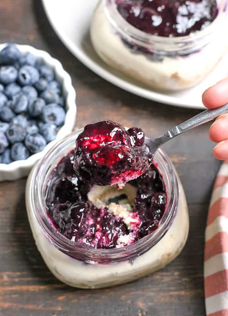 These Paleo Blueberry Cheesecake Jars are the perfect individual dessert. No-bake, easy to make and so delicious. Vegan, dairy free, and naturally sweetened.