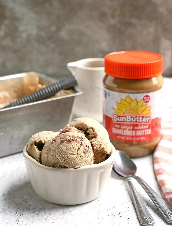 This Paleo No Churn SunButter Ice Cream is creamy, rich and so delicious! Made easy with no ice cream maker needed. Naturally sweetened with maple syrup, vegan, low FODMAP and dairy free.