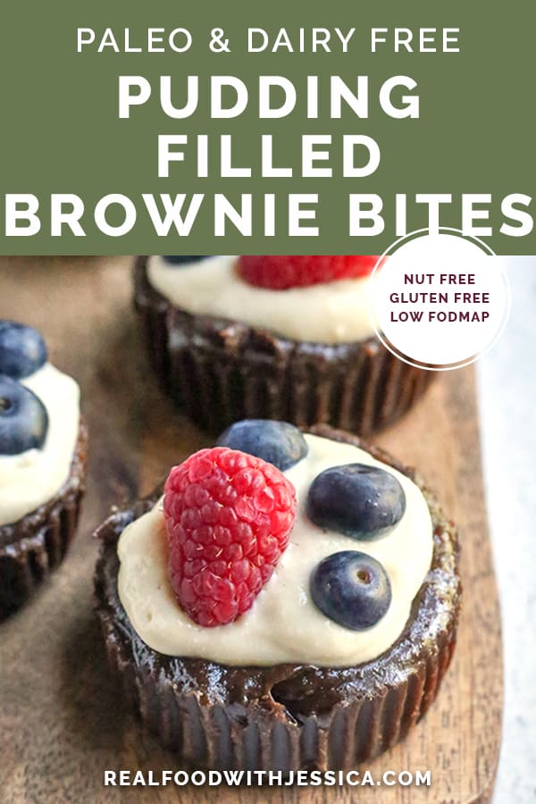 These Paleo Pudding Filled Brownie Bites are such a fun dessert. An easy brownie is made in a muffin pan and filled with dairy free pudding and topped with berries. They're dairy free, gluten free, low FODMAP, and naturally sweetened.