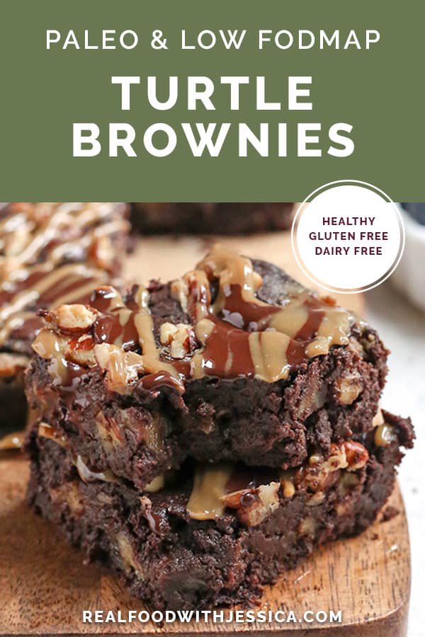 These Paleo Turtle Brownies have a rich, chocolate base, layered with caramel, topped with pecans and chocolate chips and drizzled with more caramel. A decadent treat that is gluten free, dairy free, and low FODMAP.