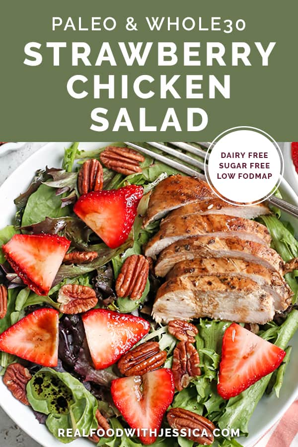 paleo balsamic chicken salad with text 