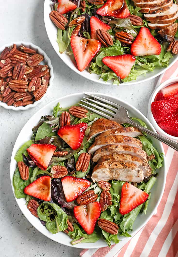 Balsamic Chicken Salad in a bowl with a fork in it 