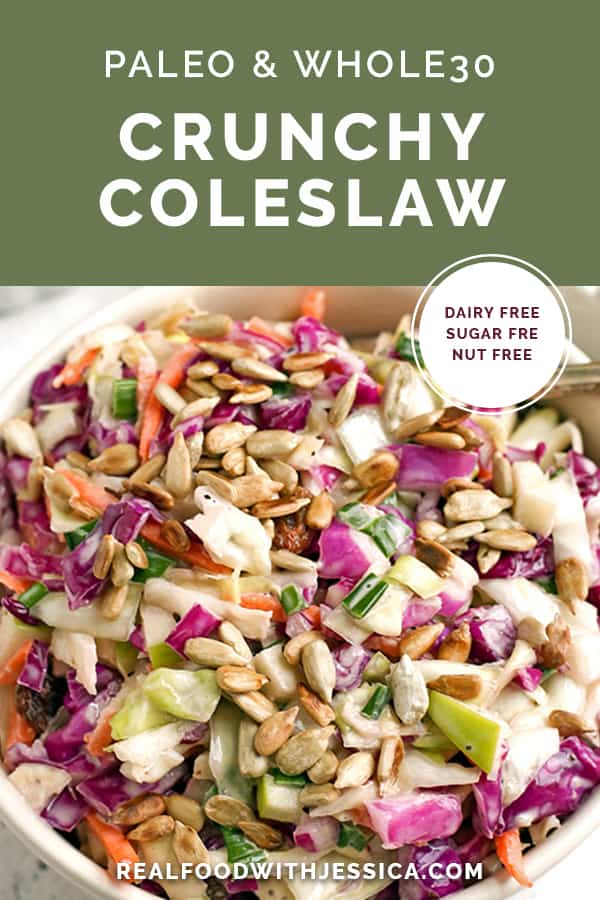 This Paleo Whole30 Coleslaw is easy to make and so delicious. Crunchy, fresh and such a great side dish. Gluten free, dairy free, and sugar free.