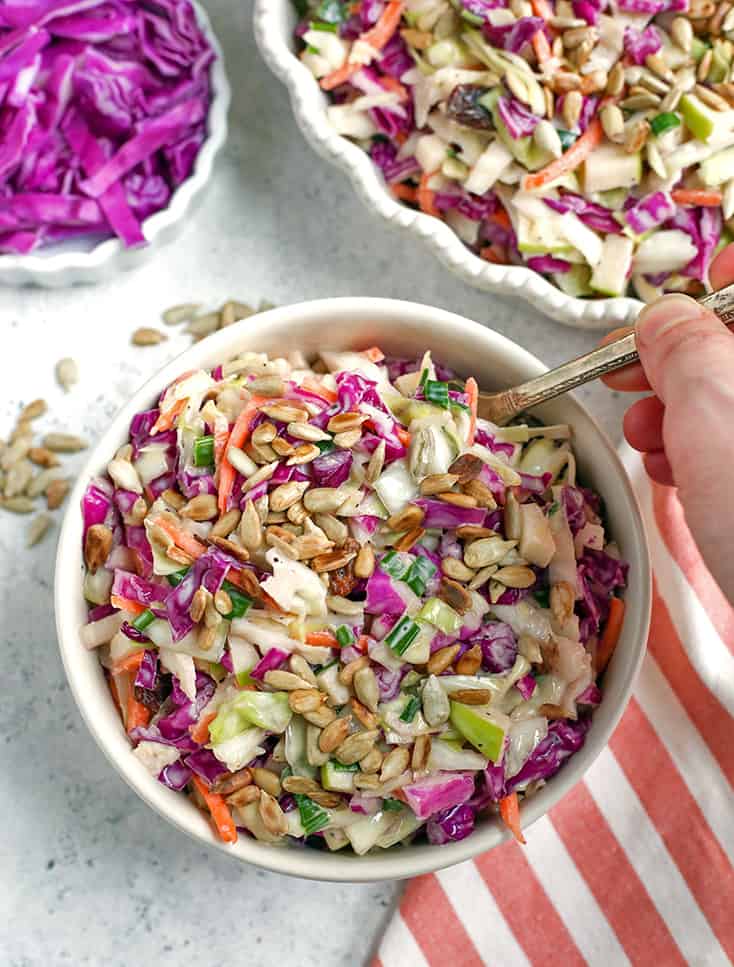 This Paleo Whole30 Coleslaw is easy to make and so delicious. Crunchy, fresh and such a great side dish. Gluten free, dairy free, and sugar free.