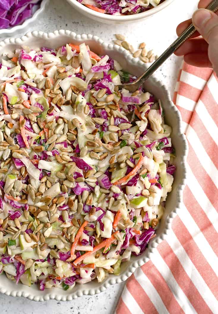 This Paleo Whole30 Coleslaw is easy to make and so delicious. Crunchy, fresh and such a great side dish. Gluten free, dairy free, and sugar free.