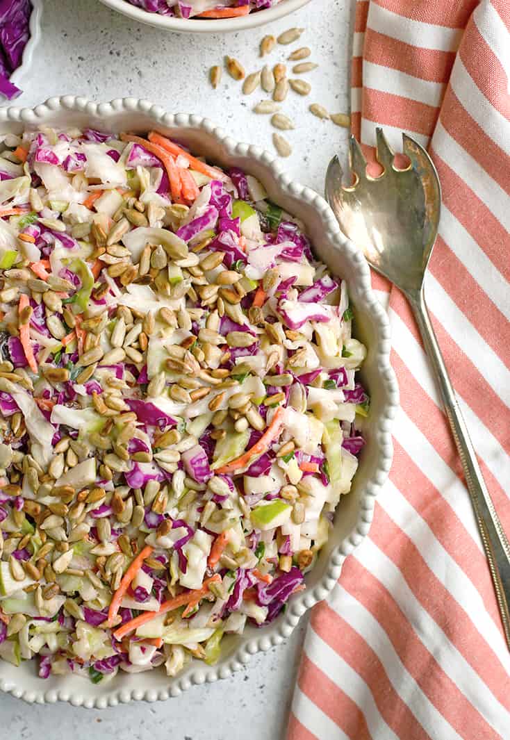 This Paleo Whole30 Coleslaw is easy to make and so delicious. Crunchy, fresh and such a great side dish. Gluten free, dairy free, and sugar free.