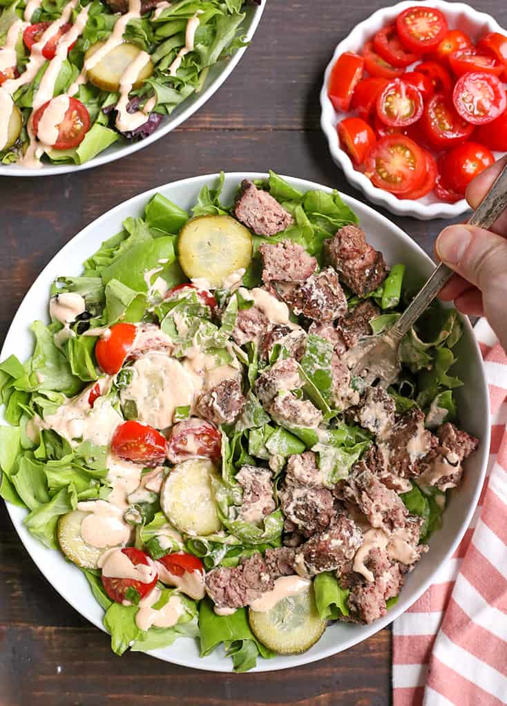 This Paleo Whole30 Loaded Burger Bowl is easy to make and a great way to enjoy a burger. Add your favorite toppings and dig in. Gluten free, dairy free, low carb and low FODMAP.