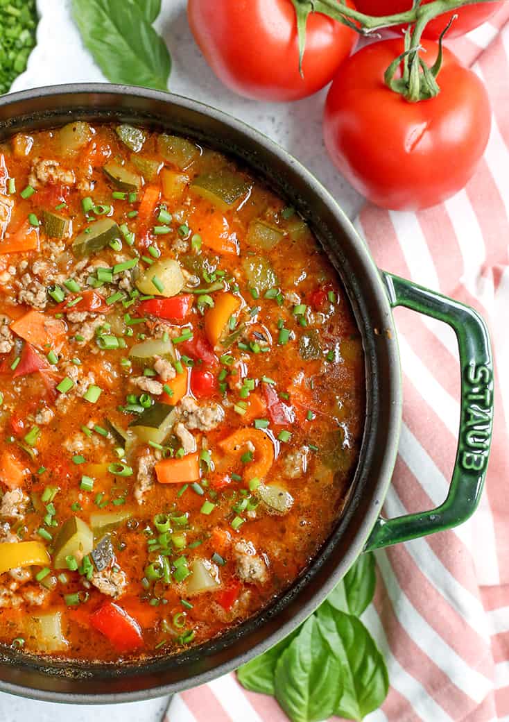 This Paleo Whole30 Sausage Summer Vegetable Soup is easy to make and great for using all the summer veggies. Hearty, tasty, and healthy. Gluten free, dairy free, and low FODMAP.