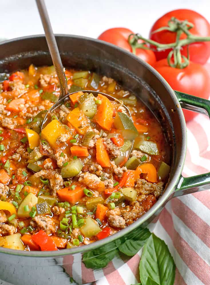 This Paleo Whole30 Sausage Summer Vegetable Soup is easy to make and great for using all the summer veggies. Hearty, tasty, and healthy. Gluten free, dairy free, and low FODMAP.