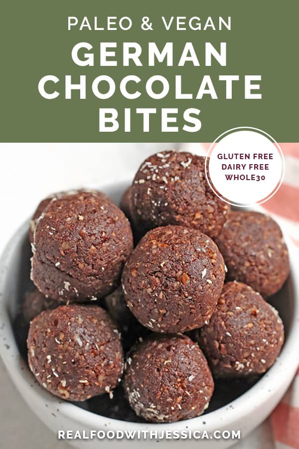 These Paleo German Chocolate Bites are easy to make and so delicious! Toasted coconut, pecans, chocolate and dates combine to make a simple treat. They are vegan, gluten free, dairy free and Whole30.