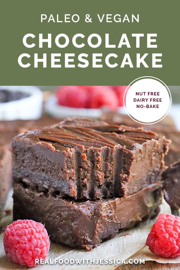 This Paleo Nut Free Chocolate Cheesecake is dairy free, but still creamy and delicious! A no-bake treat that doubles up on the chocolate and sure to satisfy that sweet craving. It's gluten free, vegan, and naturally sweetened.