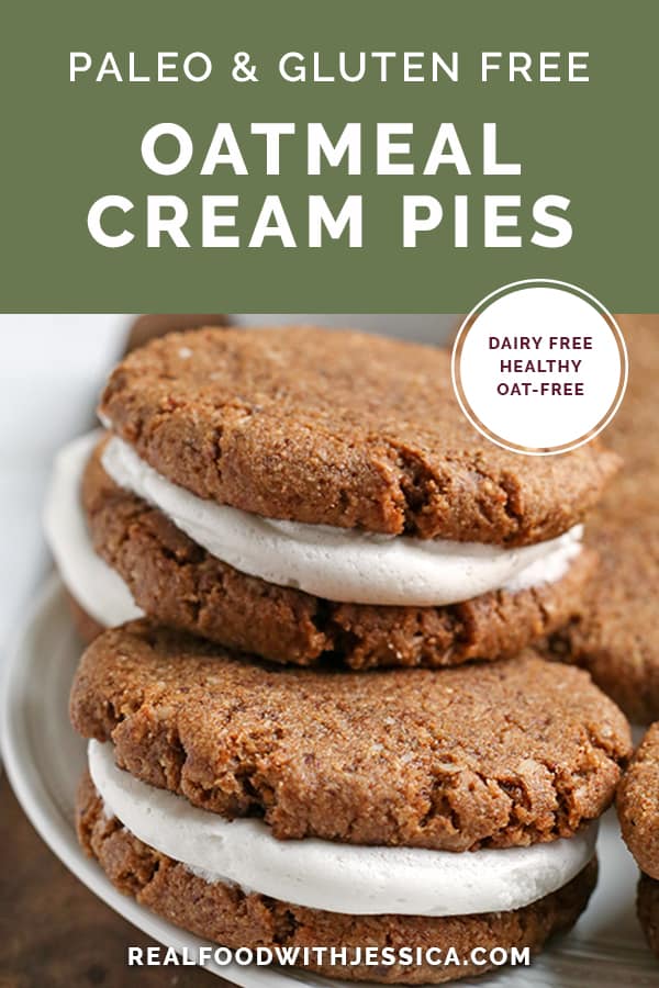 These Paleo Oatmeal Cream Pies contain no oatmeal, but still have the same taste and texture. A soft, sweet cookie with a marshmallow filling. Gluten free, dairy free, and naturally sweetened.