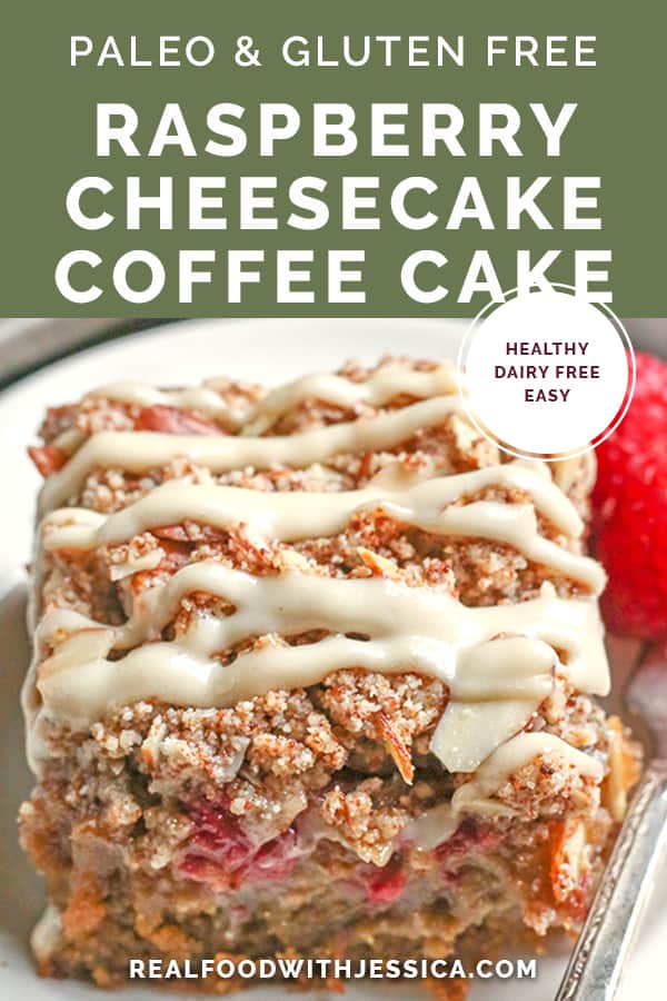 This Paleo Raspberry Cheesecake Coffee Cake tender, moist, and full of fresh raspberries. Topped with a dairy free cheesecake drizzle makes it even more amazing! It's gluten free, dairy free and naturally sweetened.