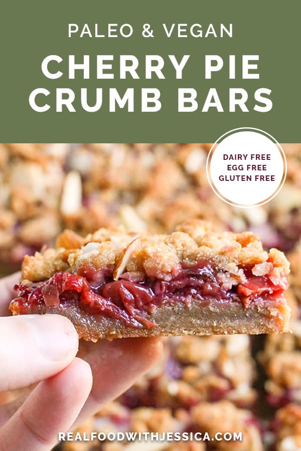 These Paleo Cherry Pie Crumb Bars are so simple and delicious! A thick shortbread crust, fresh fruit filling and irresistible crumb topping. These layered bars are vegan, gluten free, dairy free, and naturally sweetened.