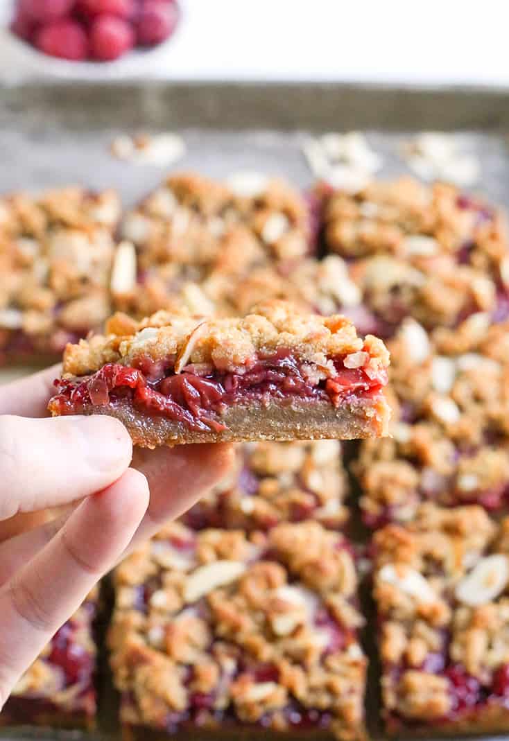 These Paleo Cherry Pie Crumb Bars are so simple and delicious! A thick shortbread crust, fresh fruit filling and irresistible crumb topping. These layered bars are vegan, gluten free, dairy free, and naturally sweetened.