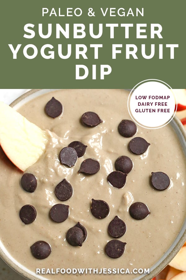 This Paleo SunButter Yogurt Fruit Dip is simple to make and so delicious. SunButter and dairy free yogurt combine to make a creamy dip that is perfect for pairing with fruit. It's vegan, naturally sweetened, and low FODMAP. 