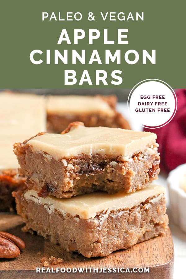 These Paleo Vegan Apple Cinnamon Bars are so delicious and simple to make. A moist cookie base with a sweet frosting. They are gluten free, dairy free, egg free, and naturally sweetened.