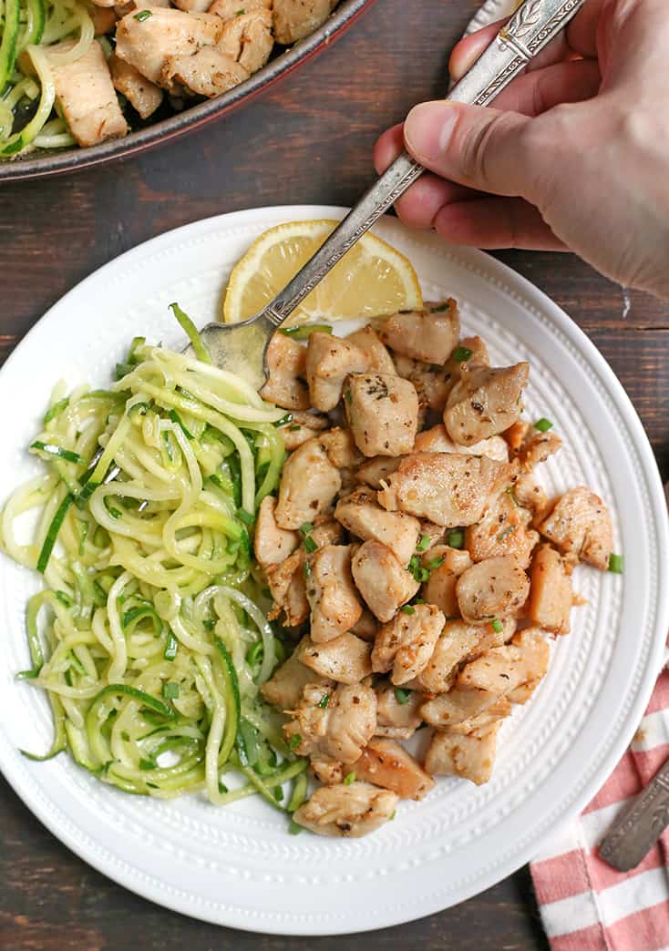 These Paleo Whole30 Garlic Butter Chicken Bites make a quick, delicious dinner. With just 6 ingredients and ready in 15 minutes, you will love them! Gluten free, dairy free, low carb and low FODMAP.