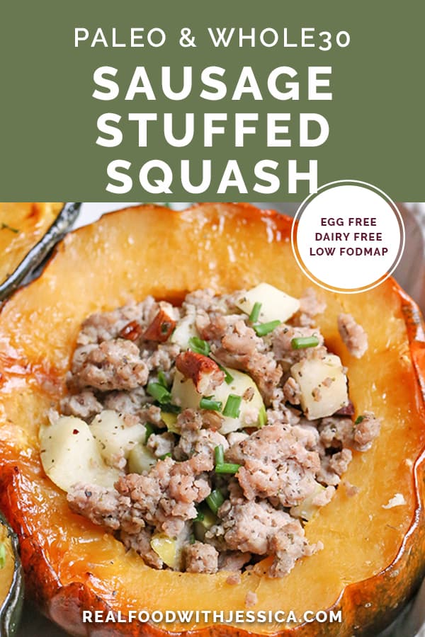 This Paleo Whole30 Sausage Stuffed Acorn Squash is filling, flavorful, and healthy. A homemade sausage, apples, and pecans stuffed into a tender acorn squash. Gluten free, dairy free, and can be made low FODMAP.