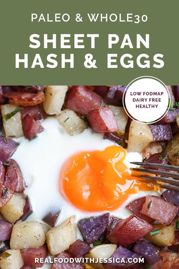 This Paleo Whole30 Sheet Pan Hash and Eggs is so simple to make and delicious! Crispy potatoes, bacon, and perfectly cooked eggs. It's gluten free, dairy free, and low FODMAP.