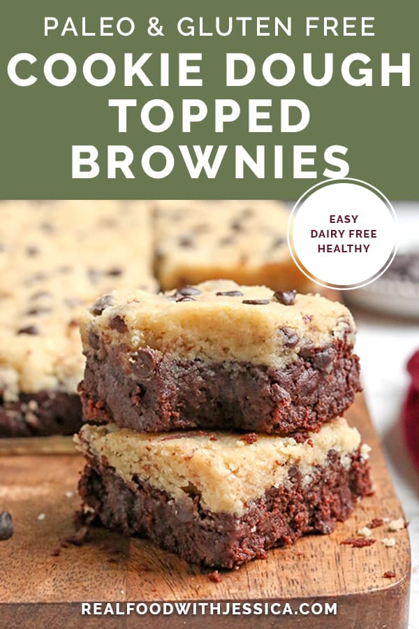 These Paleo Cookie Dough Topped Brownies are a decadent treat. Rich, fudgy brownies topped with an egg-free cookie dough. They are gluten free, dairy free, naturally sweetened and taste incredible!