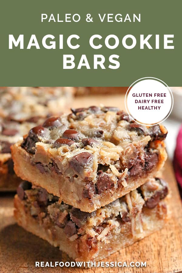 These Paleo Magic Cookie Bars are a healthier version of the classic dessert. A shortbread crust topped with shredded coconut, chopped pecans, chocolate chips and a homemade sweetened condensed milk poured on top. They are gluten free, dairy free, naturally sweetened with a vegan option.