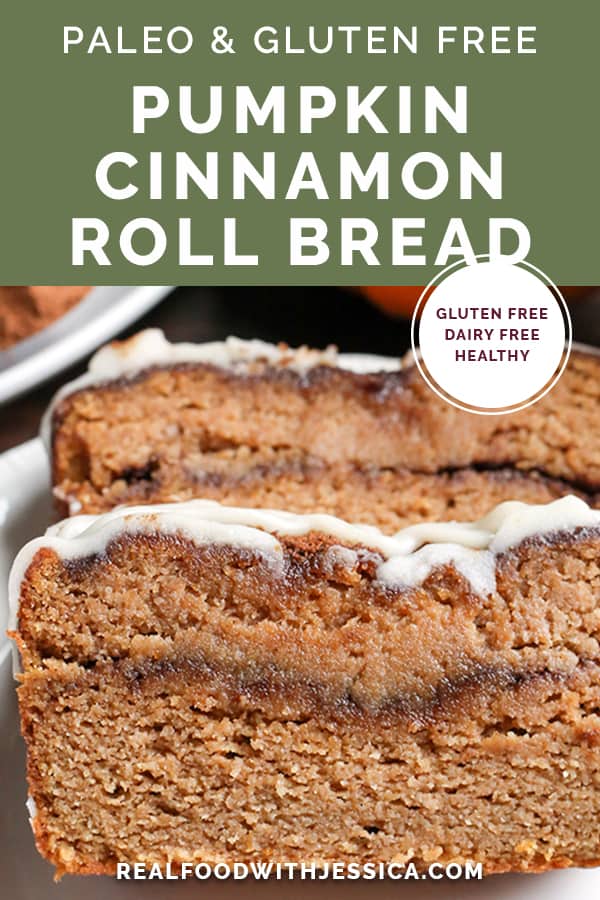 This Paleo Pumpkin Cinnamon Roll Bread is so easy to make and tastes incredible! Tender cake with a sweet pumpkin spice swirl and drizzled with a thick glaze. Gluten free, dairy free, and naturally sweetened.