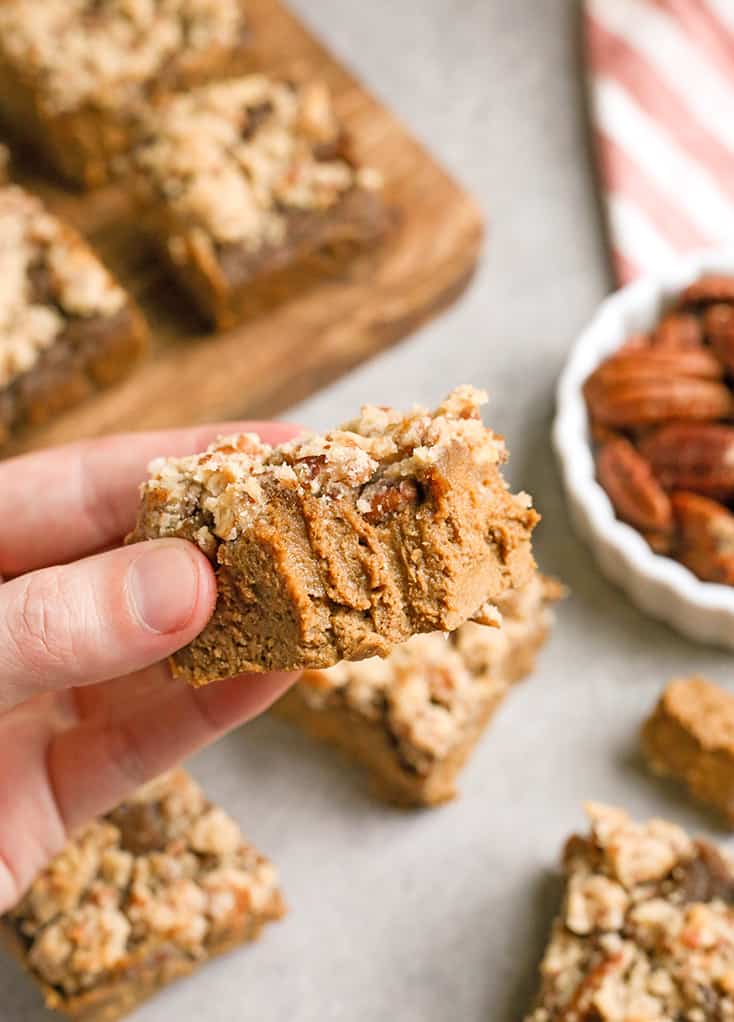 These Paleo Pumpkin Pie Crumb Bars are thick, spiced just right, and so delicious! With just a few ingredients these bars can be whipped up. They're gluten free, dairy free, naturally sweetened, and low FODMAP.