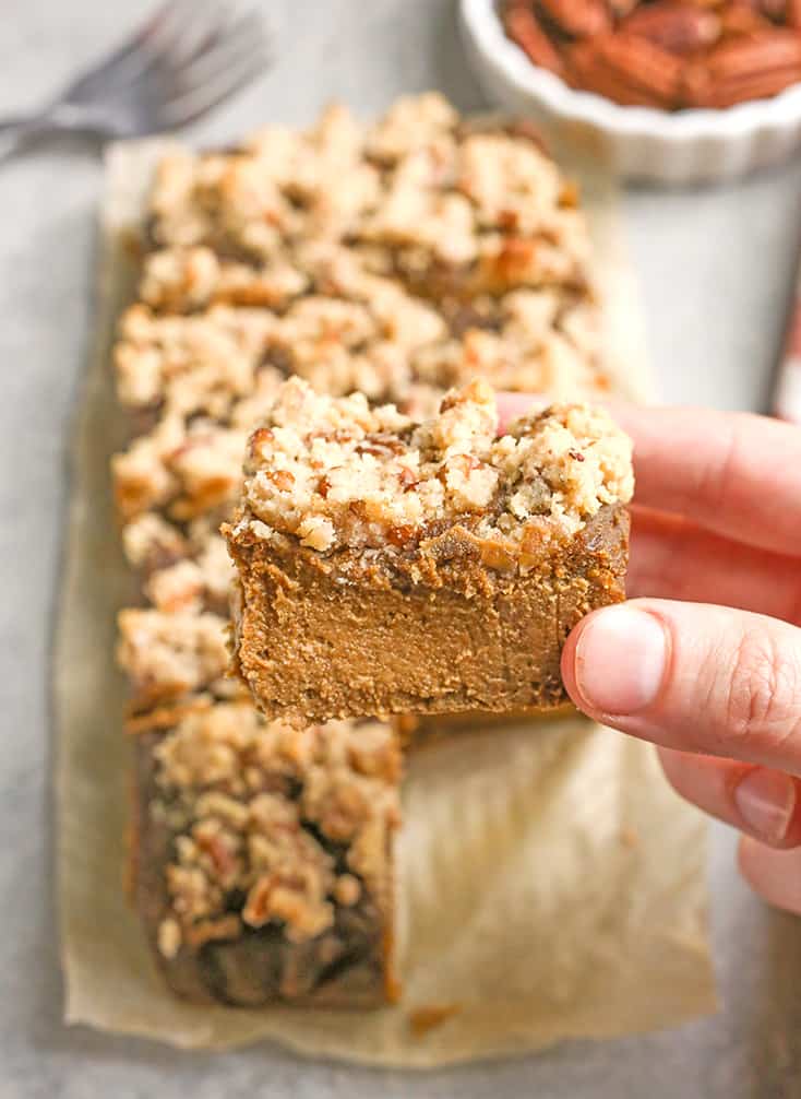 These Paleo Pumpkin Pie Crumb Bars are thick, spiced just right, and so delicious! With just a few ingredients these bars can be whipped up. They're gluten free, dairy free, naturally sweetened, and low FODMAP.