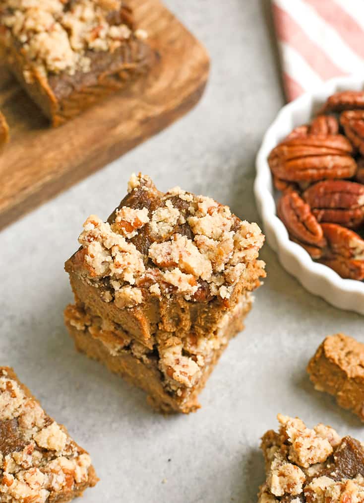 These Paleo Pumpkin Pie Crumb Bars are thick, spiced just right, and so delicious! With just a few ingredients these bars can be whipped up. They're gluten free, dairy free, naturally sweetened, and low FODMAP.