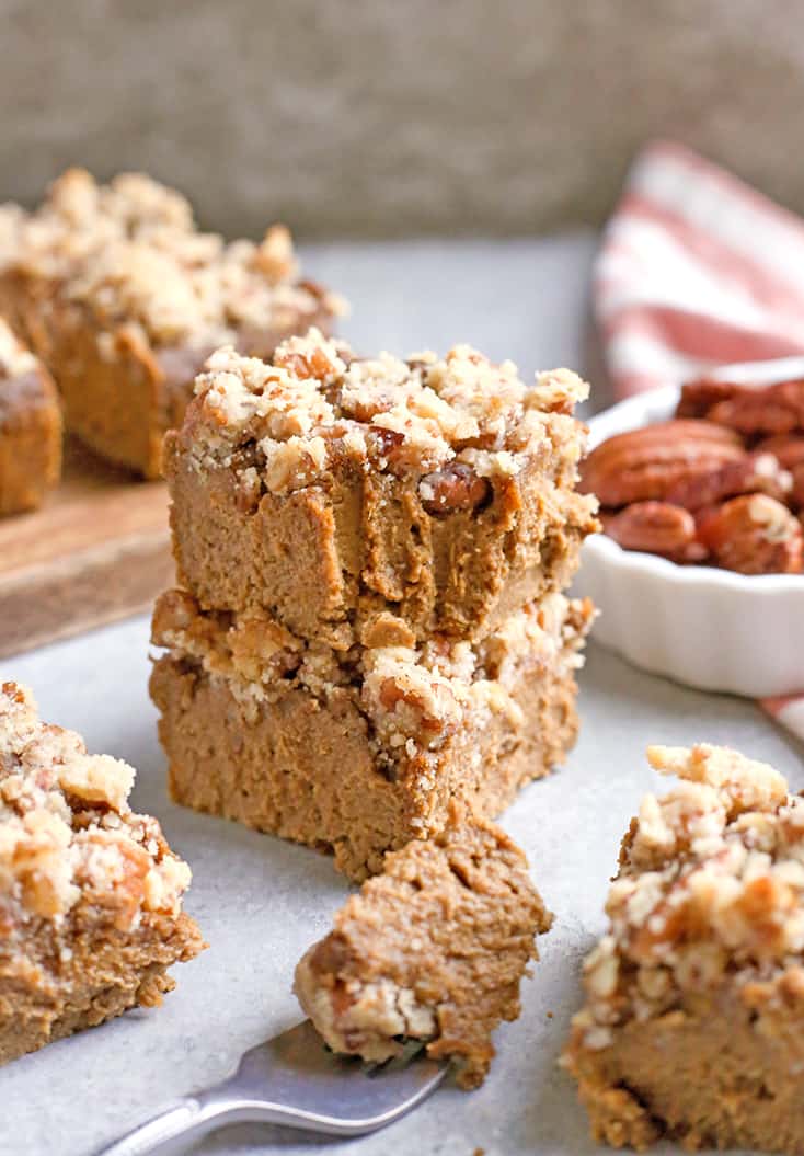 These Paleo Pumpkin Pie Crumb Bars are thick, spiced just right, and so delicious! With just a few ingredients these bars can be whipped up. They're gluten free, dairy free, naturally sweetened, and low FODMAP.