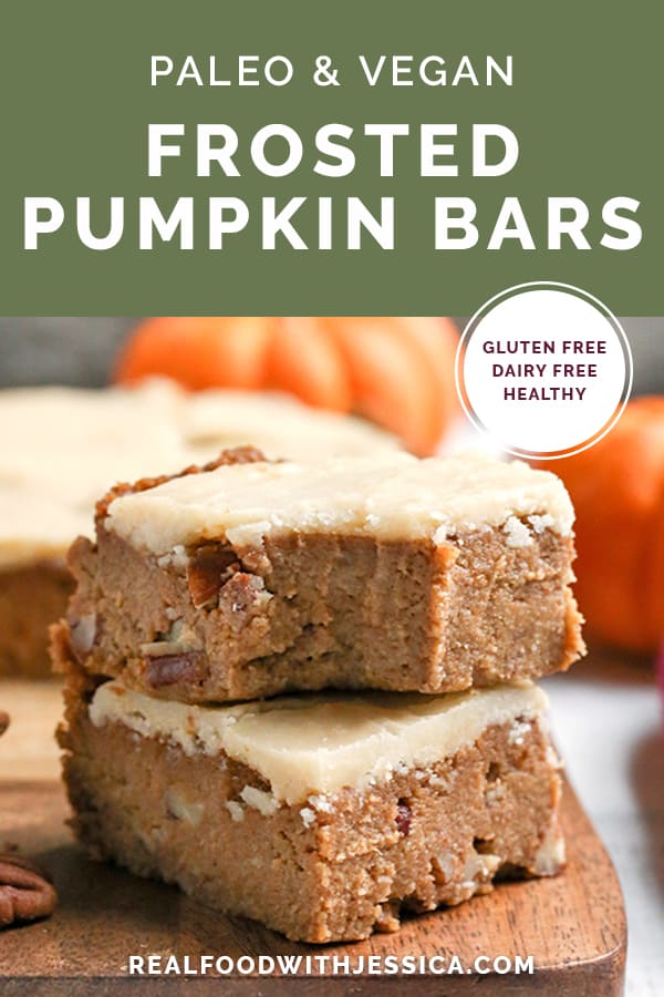 These Paleo Vegan Frosted Pumpkin Bars are simple to make and so delicious! Gluten free, dairy free, egg free, and naturally sweetened.