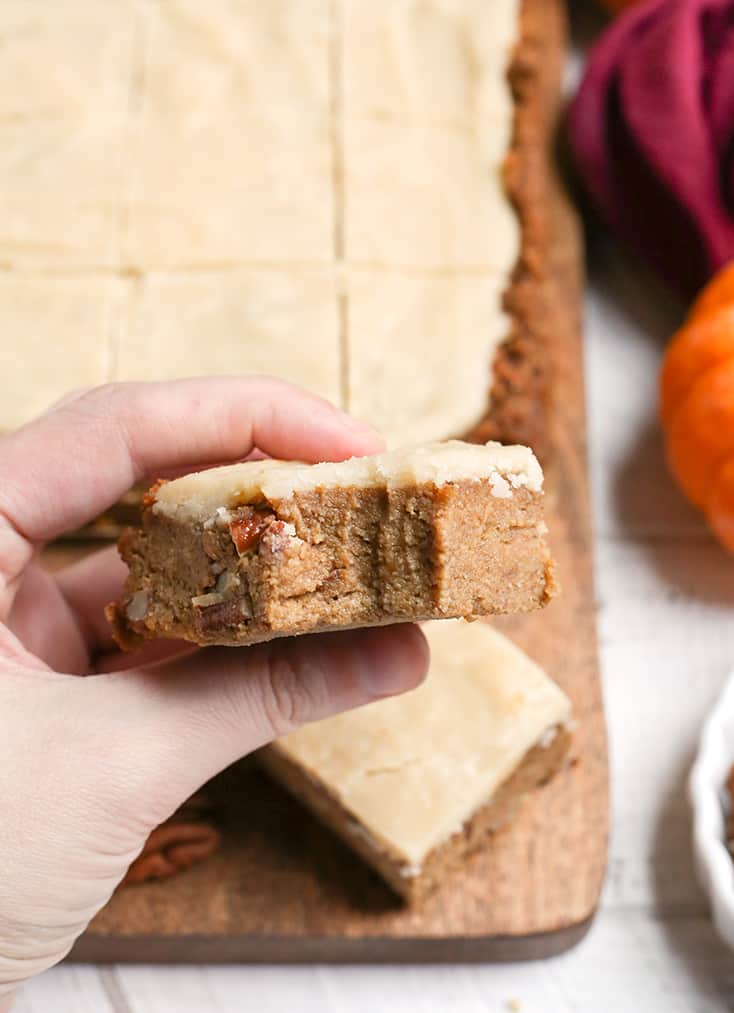 These Paleo Vegan Frosted Pumpkin Bars are simple to make and so delicious! Gluten free, dairy free, egg free, and naturally sweetened.