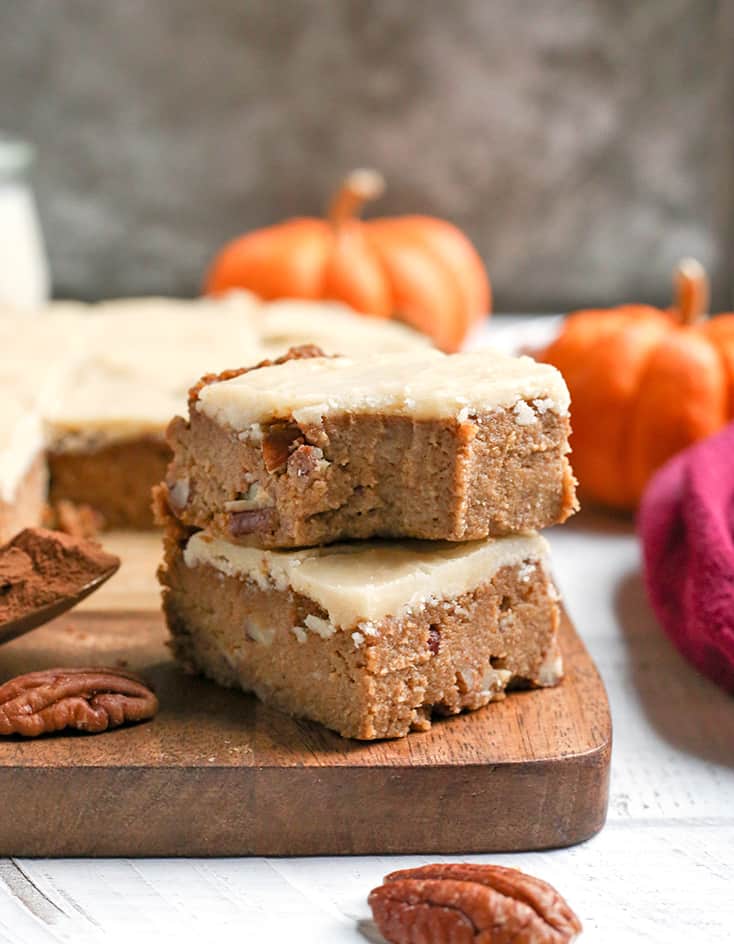 These Paleo Vegan Frosted Pumpkin Bars are simple to make and so delicious! Gluten free, dairy free, egg free, and naturally sweetened.