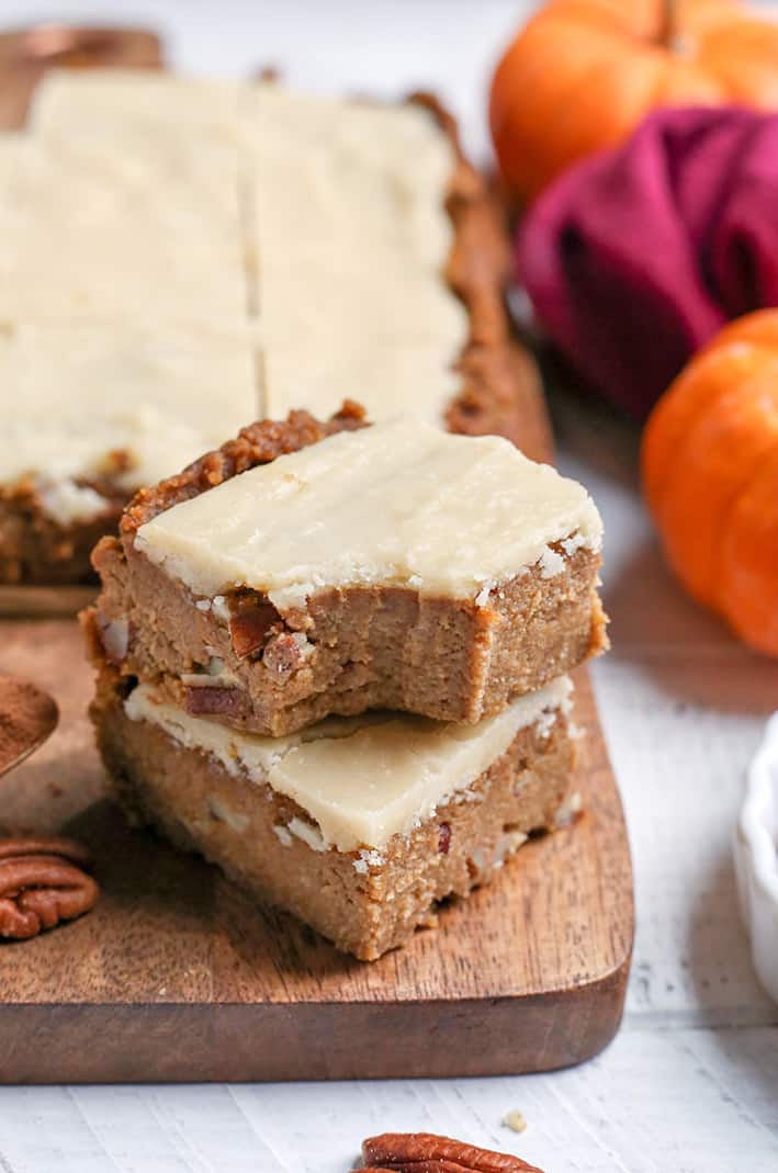 These Paleo Vegan Frosted Pumpkin Bars are simple to make and so delicious! Gluten free, dairy free, egg free, and naturally sweetened.