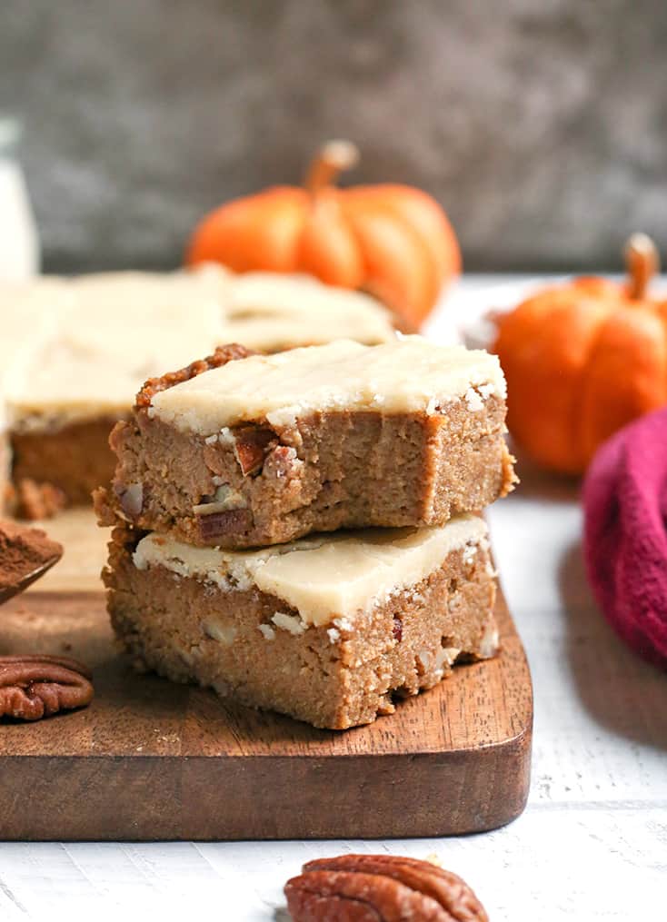 These Paleo Vegan Frosted Pumpkin Bars are simple to make and so delicious! Gluten free, dairy free, egg free, and naturally sweetened.