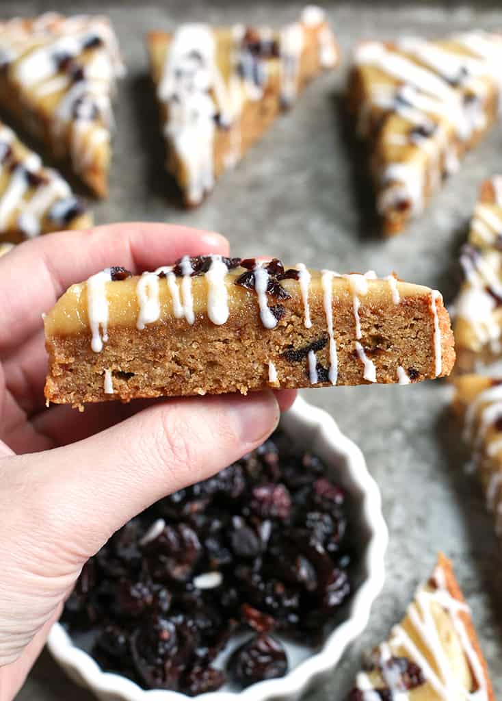 These Paleo Cranberry Bliss Bars have a thick cookie layer studded with chewy cranberries, topped with creamy dairy free cheesecake and a white drizzle. They are gluten free, dairy free, and naturally sweetened. 