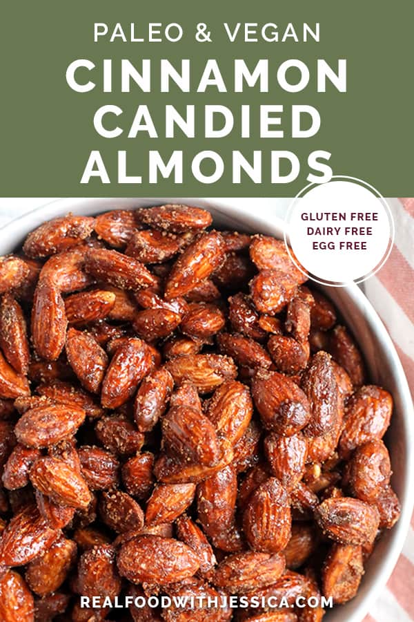 These Paleo Vegan Cinnamon Candied Almonds are sweet, crunchy, and so delicious! A great snack or treat that is gluten free, dairy free, egg free and naturally sweetened.