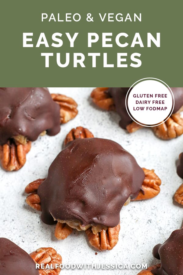 These Paleo Vegan Pecan Turtles are simple to make, no-bake, and so tasty. A healthy version of the classic candy. Sweet caramel on top of crunchy pecans and topped with chocolate. They are gluten free, dairy free, low FODMAP and naturally sweetened.